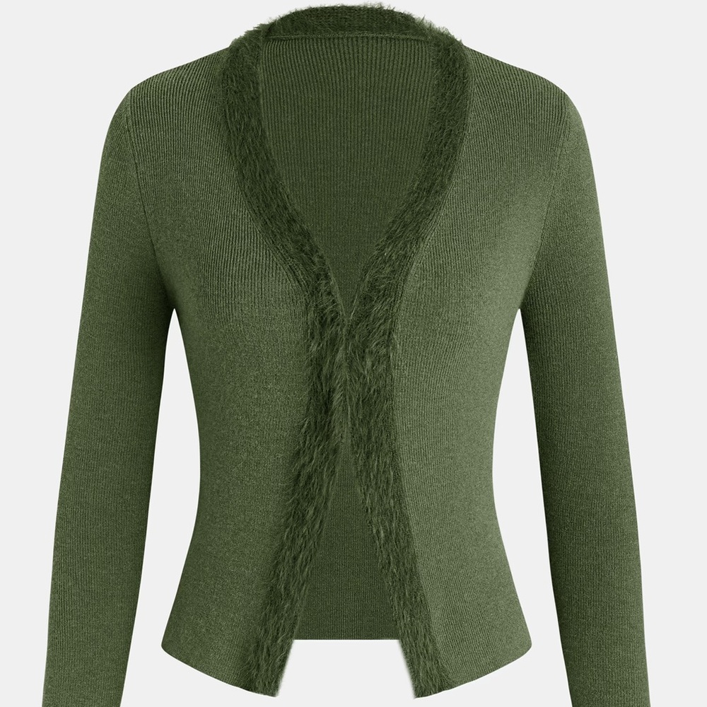 NWT Cupshe Green Fuzzy Fur Trim Ribbed Cardigan Y2K Fairycore Long Sleeve Top XS